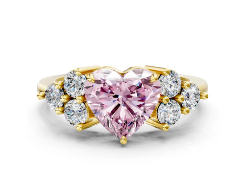 Yellow gold Fancy Pink Heart Cut Brilliant Diamond Cluster Accent Solitaire Ring with Prong Setting