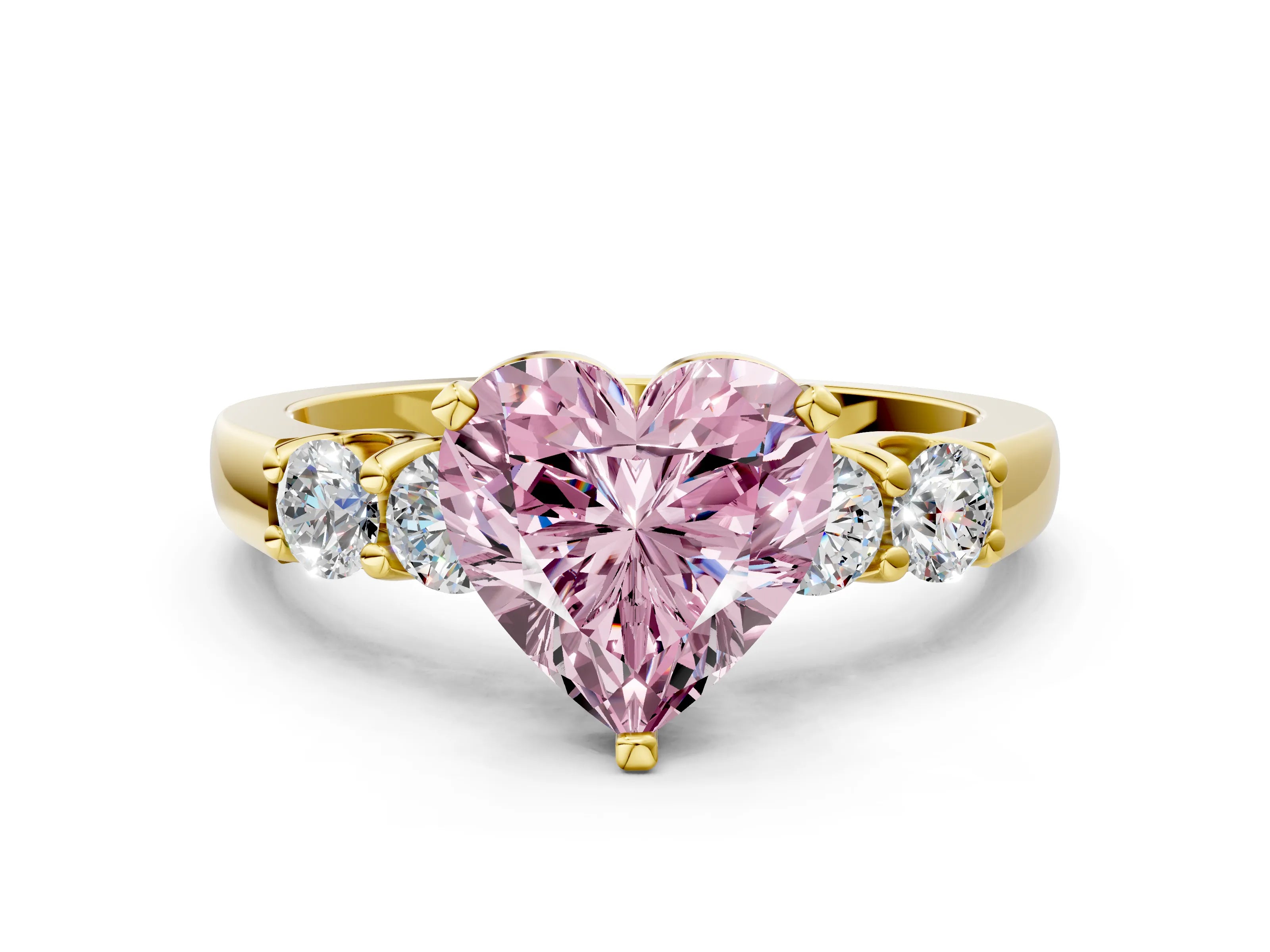 Yellow gold Fancy Pink Heart Cut Brilliant Diamond Five-Stone Engagement Ring with Prong Setting on a Classic Band_3