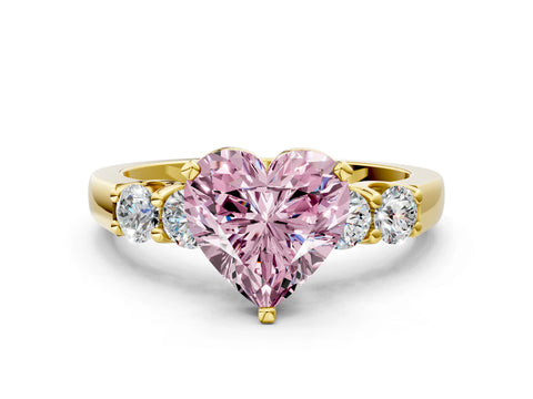 Yellow gold Fancy Pink Heart Cut Brilliant Diamond Five-Stone Engagement Ring with Prong Setting on a Classic Band_3