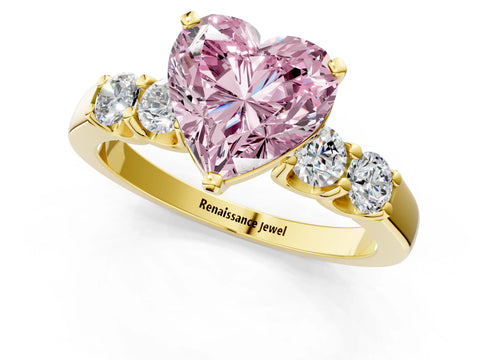 Yellow gold Fancy Pink Heart Cut Brilliant Diamond Five-Stone Engagement Ring with Prong Setting on a Classic Band_4