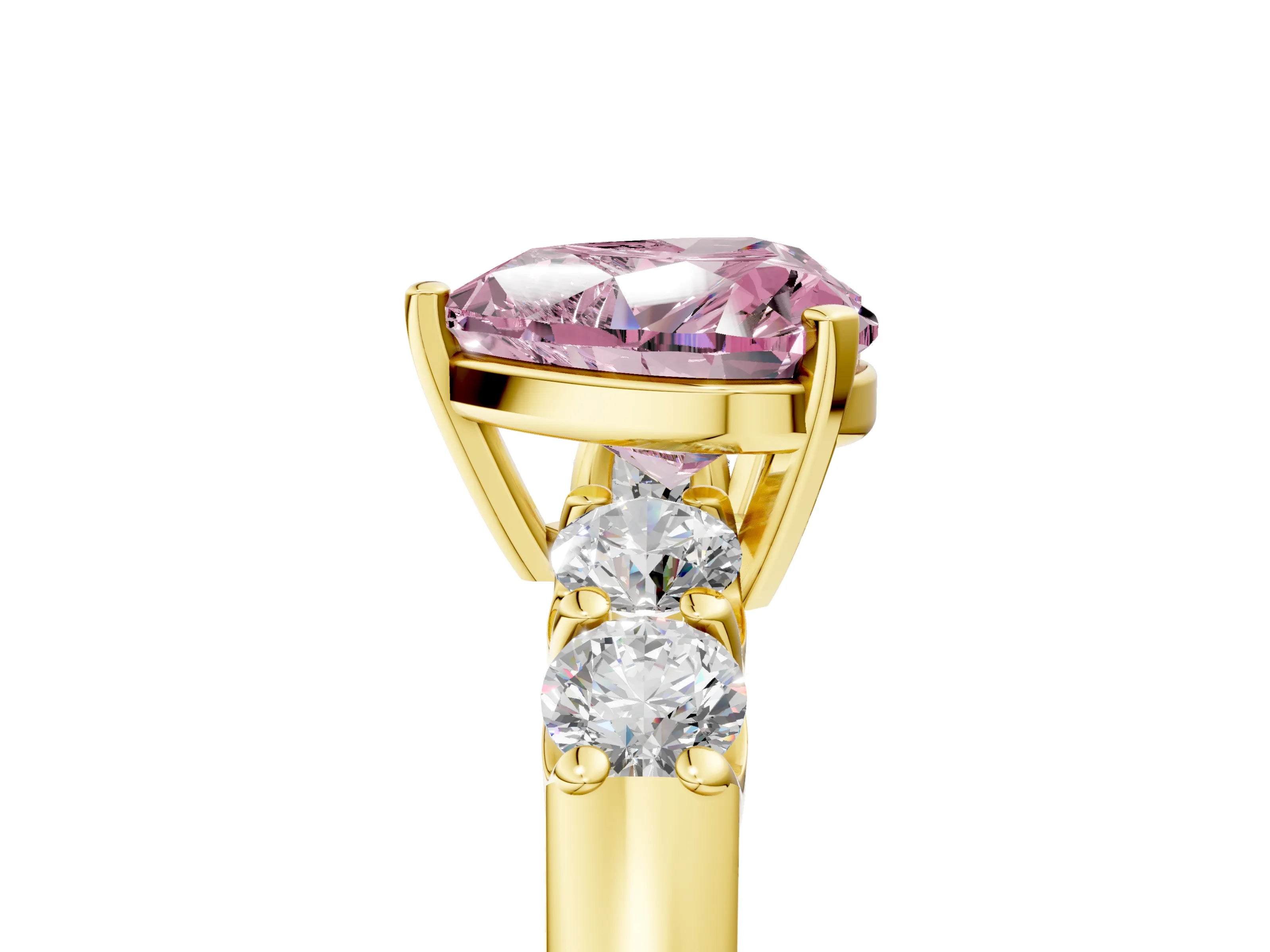 Yellow gold Fancy Pink Heart Cut Brilliant Diamond Five-Stone Engagement Ring with Prong Setting on a Classic Band_8