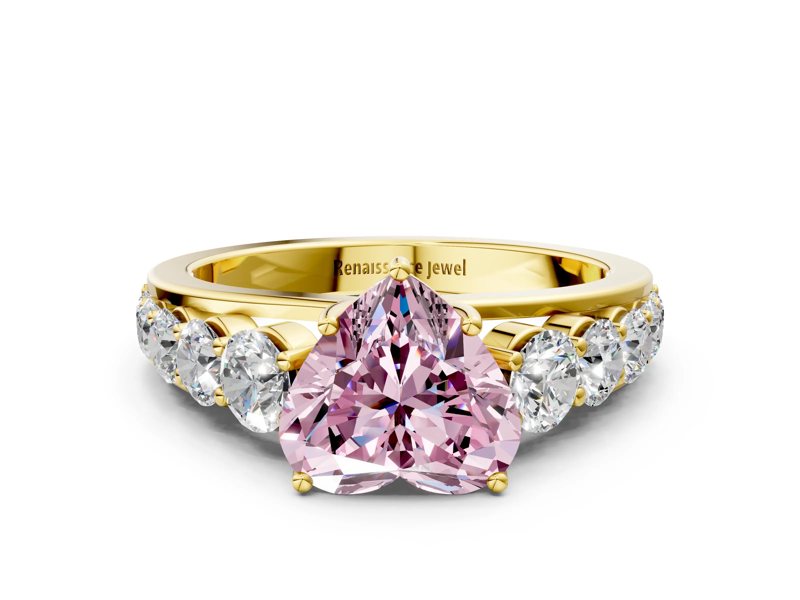 Yellow gold Fancy Pink Heart Cut Brilliant Diamond Pavé Band with Six-Prong Setting