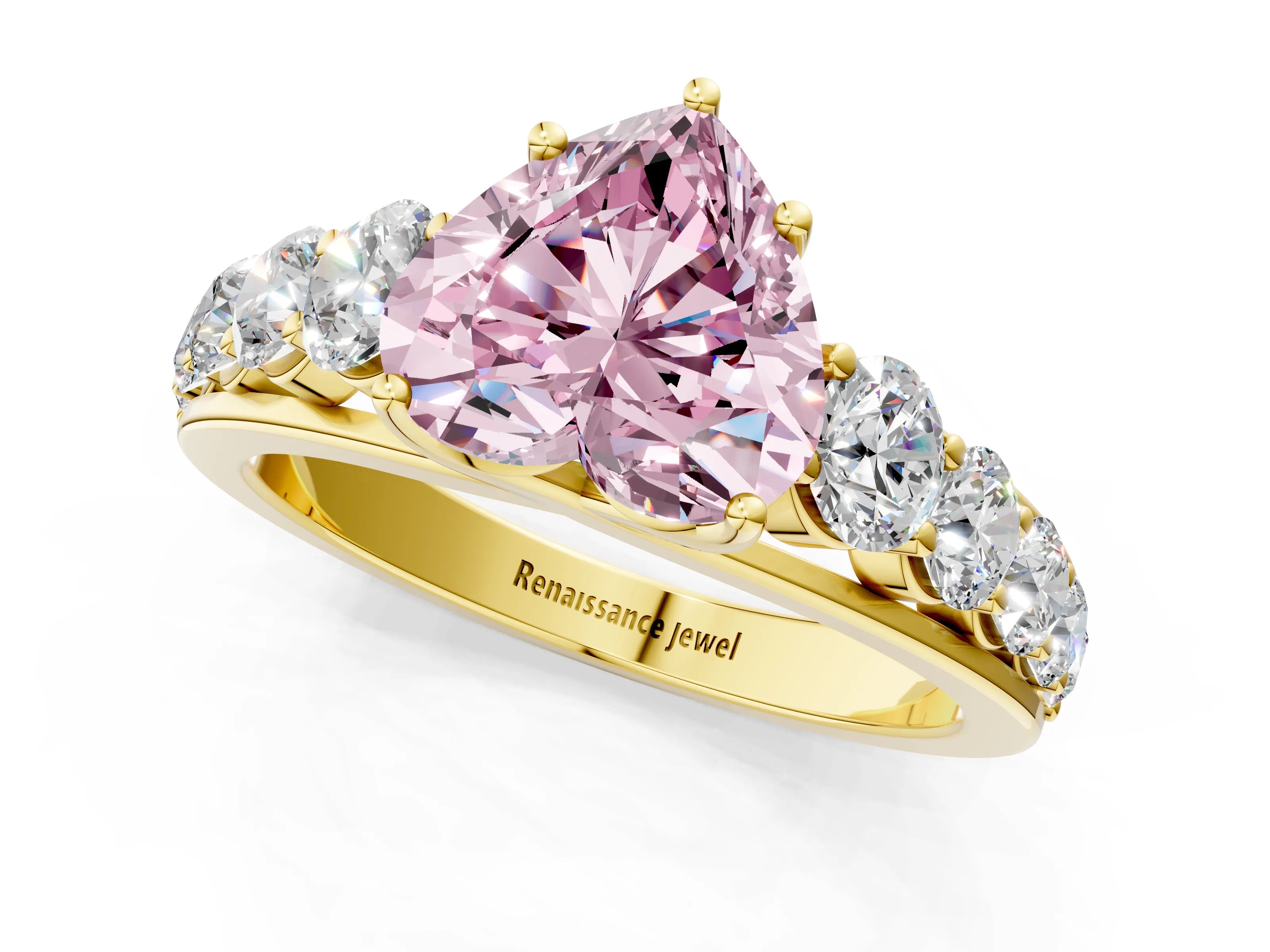 Yellow gold Fancy Pink Heart Cut Brilliant Diamond Pavé Band with Six-Prong Setting_1