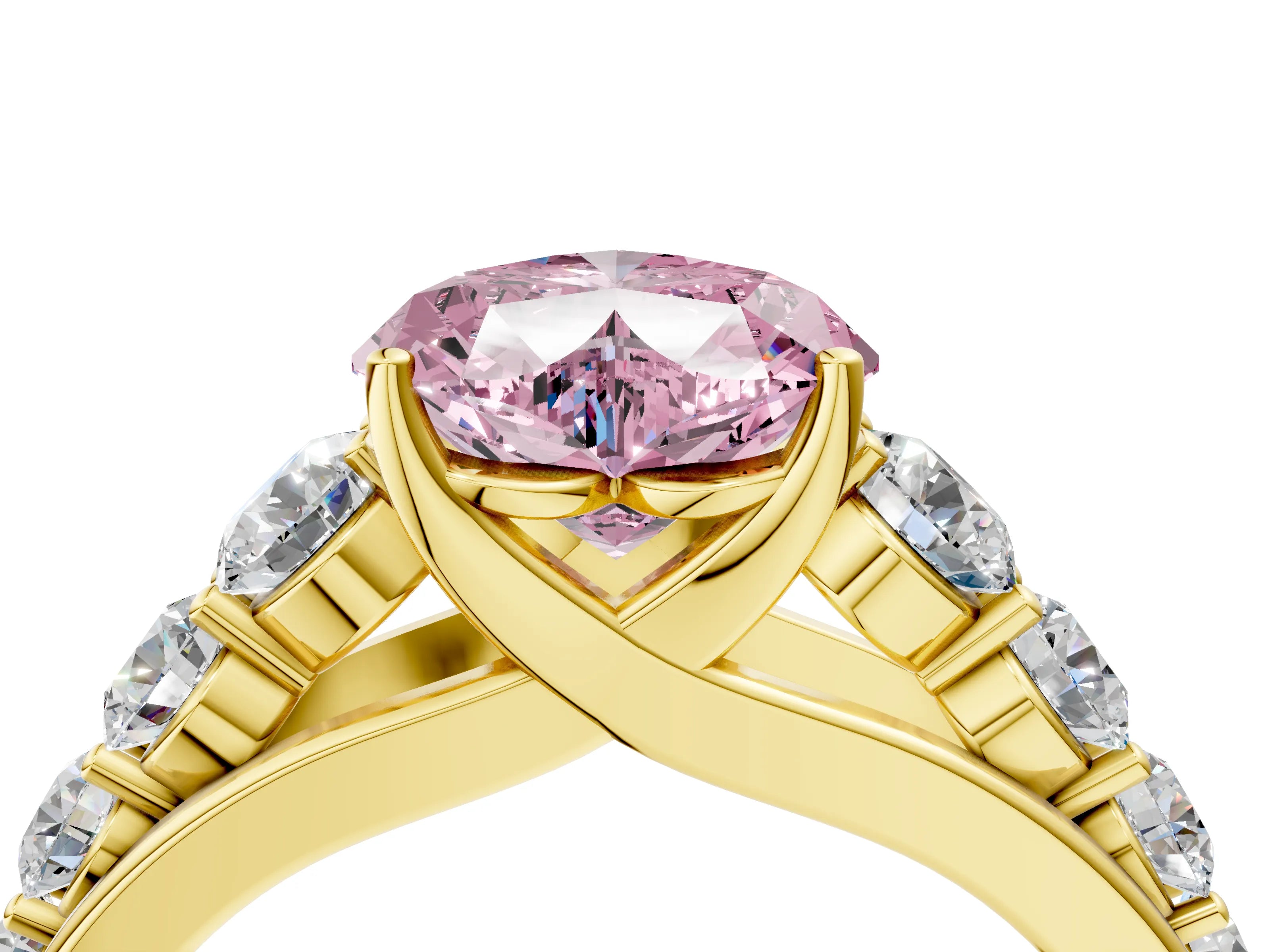 Yellow gold Fancy Pink Heart Cut Brilliant Diamond Pavé Band with Six-Prong Setting_4
