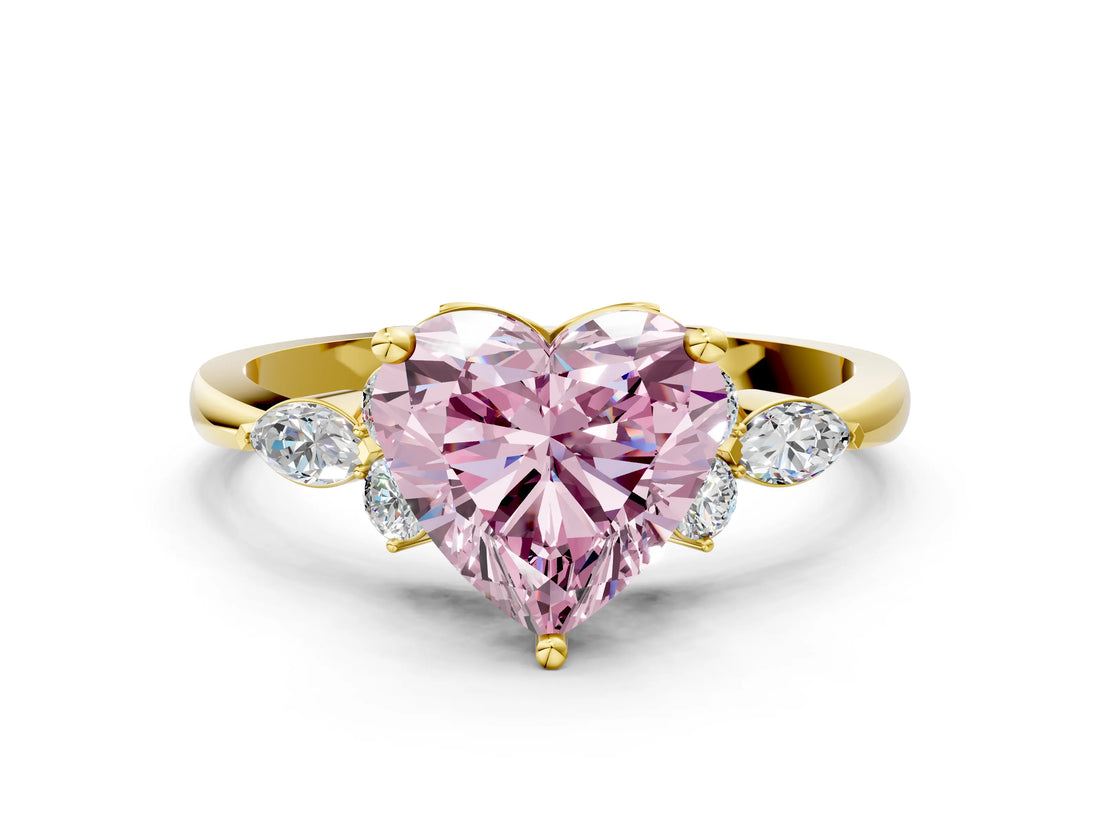 Yellow gold Fancy Pink Heart Cut Brilliant Diamond Solitaire Ring with Pear Side Stones and Four-Prong Setting_3