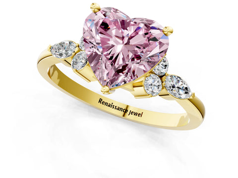 Yellow gold Fancy Pink Heart Cut Brilliant Diamond Solitaire Ring with Pear Side Stones and Four-Prong Setting_4