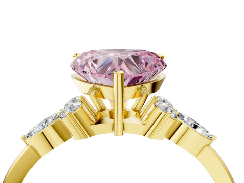 Yellow gold Fancy Pink Heart Cut Brilliant Diamond Solitaire Ring with Pear Side Stones and Four-Prong Setting_7