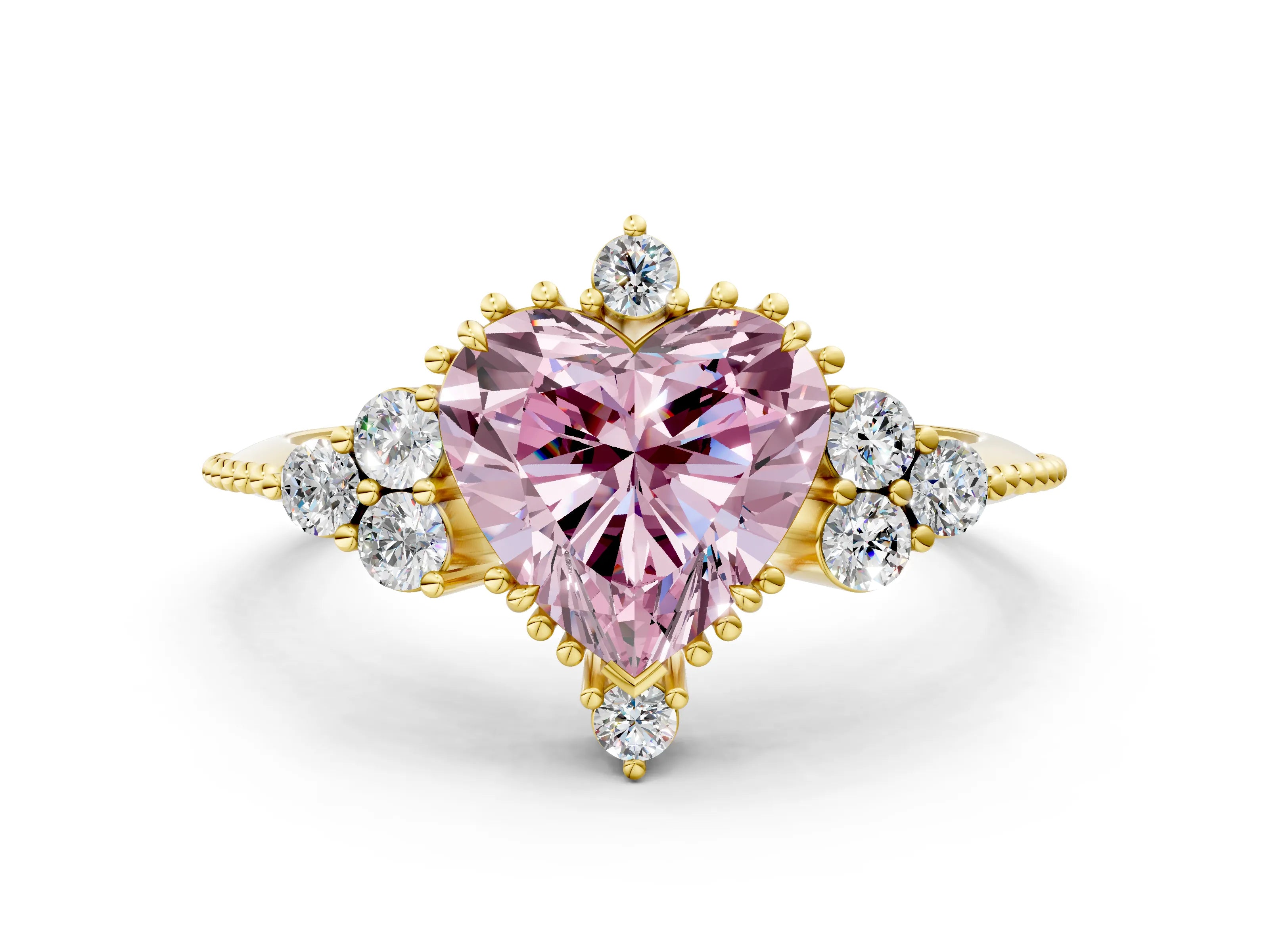 Yellow gold Fancy Pink Heart Cut Brilliant Diamond with Cluster Setting on a Beaded Band and Four-Prong Setting