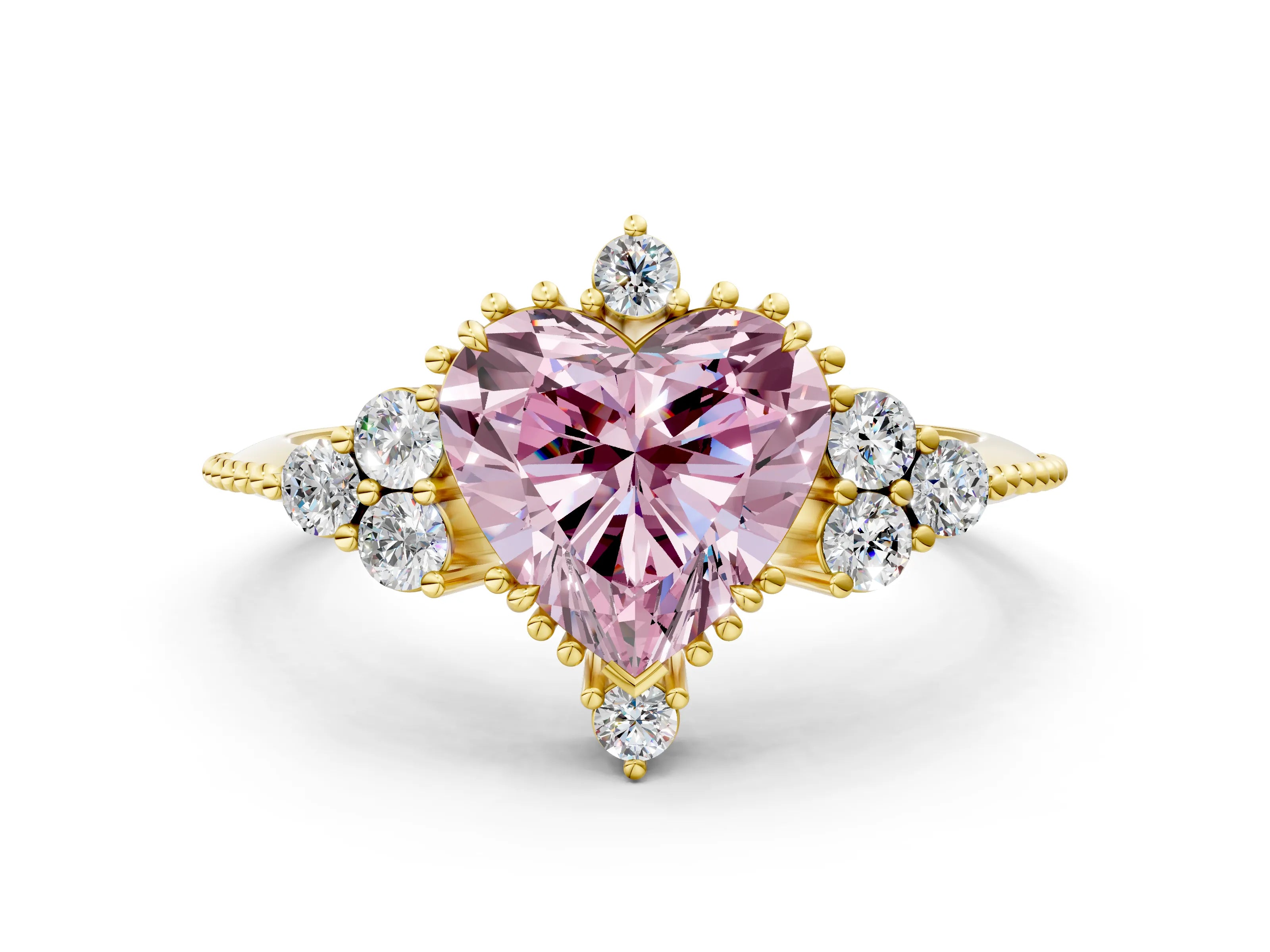 Yellow gold Fancy Pink Heart Cut Brilliant Diamond with Cluster Setting on a Beaded Band and Four-Prong Setting_12
