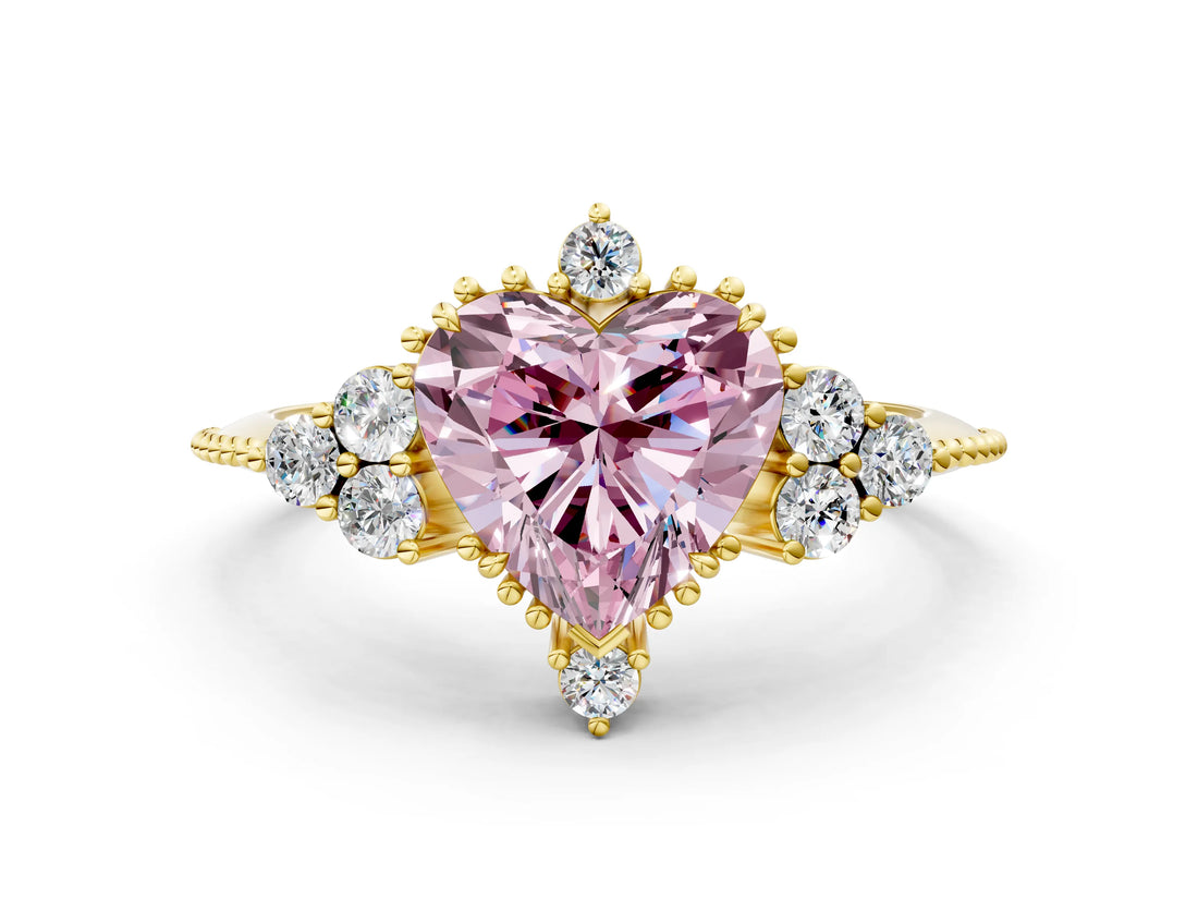 Yellow gold Fancy Pink Heart Cut Brilliant Diamond with Cluster Setting on a Beaded Band and Four-Prong Setting_12