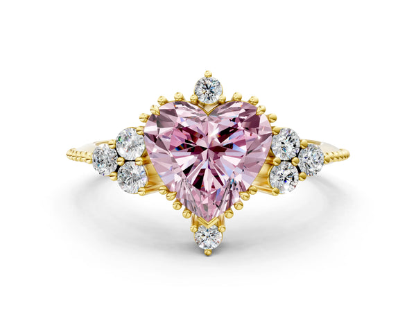 Yellow Gold Heart-Shaped Beaded Cluster Engagement Ring Setting for Fancy Pink Center