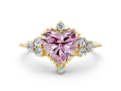 Yellow gold Fancy Pink Heart Cut Brilliant Diamond with Cluster Setting on a Beaded Band and Four-Prong Setting_12