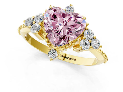 Yellow gold Fancy Pink Heart Cut Brilliant Diamond with Cluster Setting on a Beaded Band and Four-Prong Setting_13