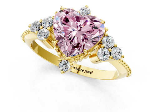 Yellow gold Fancy Pink Heart Cut Brilliant Diamond with Cluster Setting on a Beaded Band and Four-Prong Setting_1