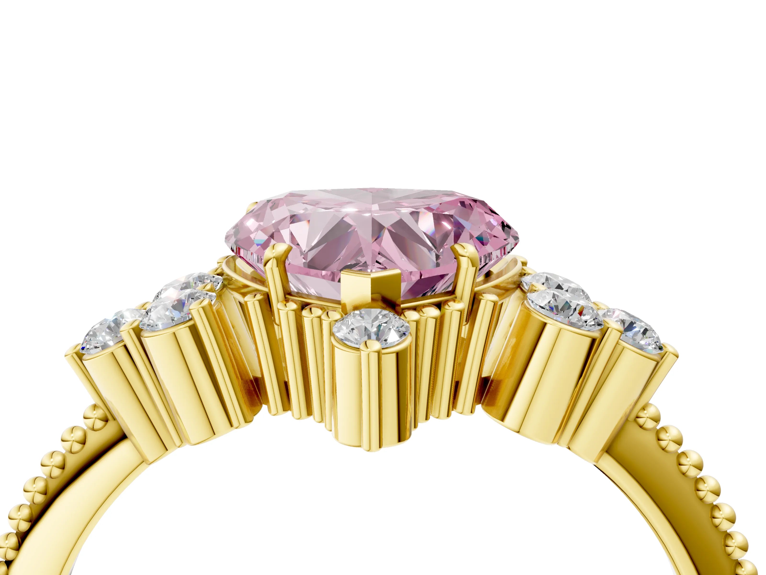 Yellow gold Fancy Pink Heart Cut Brilliant Diamond with Cluster Setting on a Beaded Band and Four-Prong Setting_4