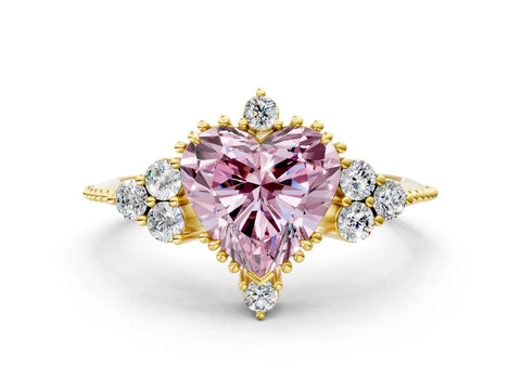 Yellow gold Fancy Pink Heart Cut Brilliant Diamond with Cluster Setting on a Beaded Band and Four-Prong Setting