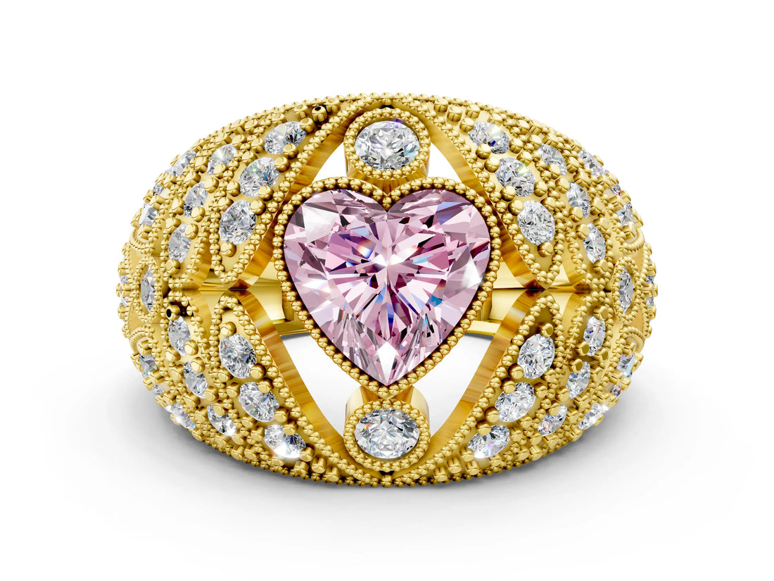 Yellow gold Fancy Pink Heart Cut Brilliant Halo Pave Diamond Milgrain Ring