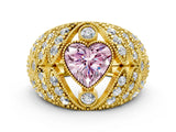 Yellow gold Fancy Pink Heart Cut Brilliant Halo Pave Diamond Milgrain Ring