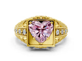 Yellow gold Fancy Pink Heart Cut Brilliant Milgrain Filigree Diamond Ring with Square Prong Setting