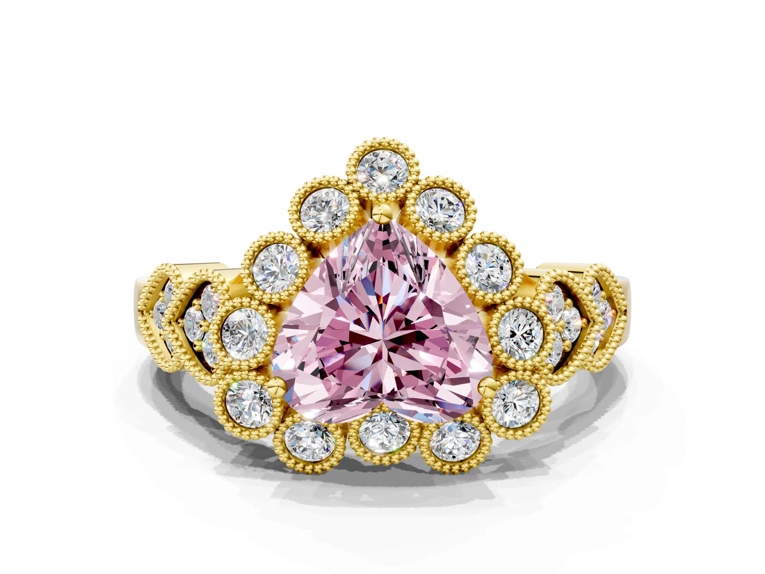 Yellow gold Fancy Pink Heart Cut Brilliant Milgrain Pave Heart Band Solitaire Ring