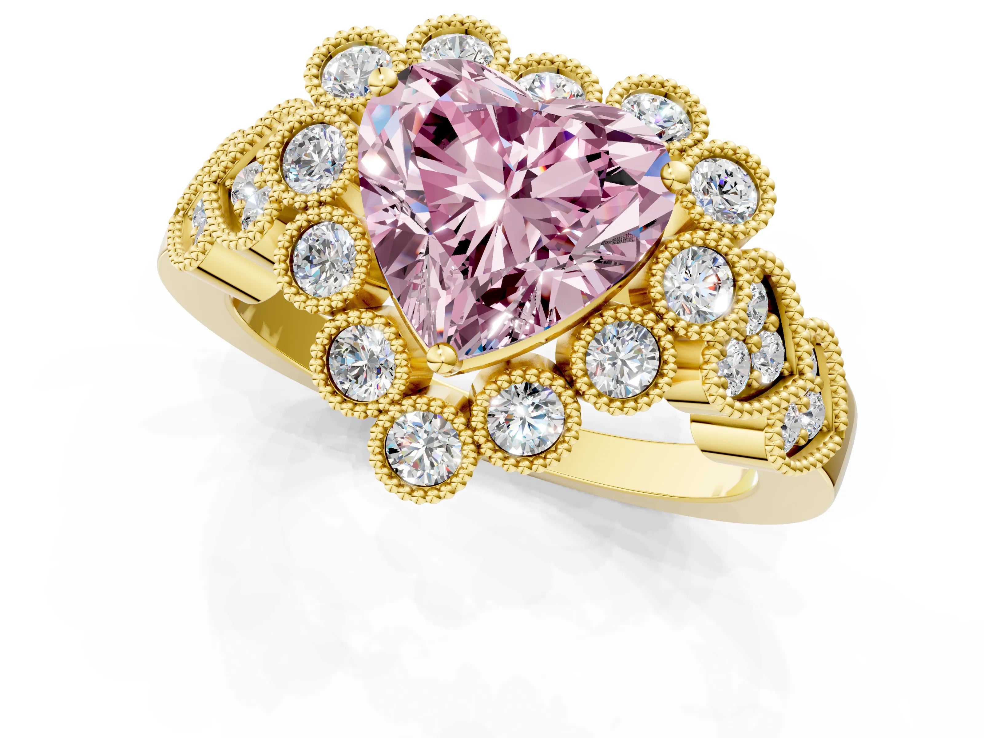 Yellow gold Fancy Pink Heart Cut Brilliant Milgrain Pave Heart Band Solitaire Ring_1