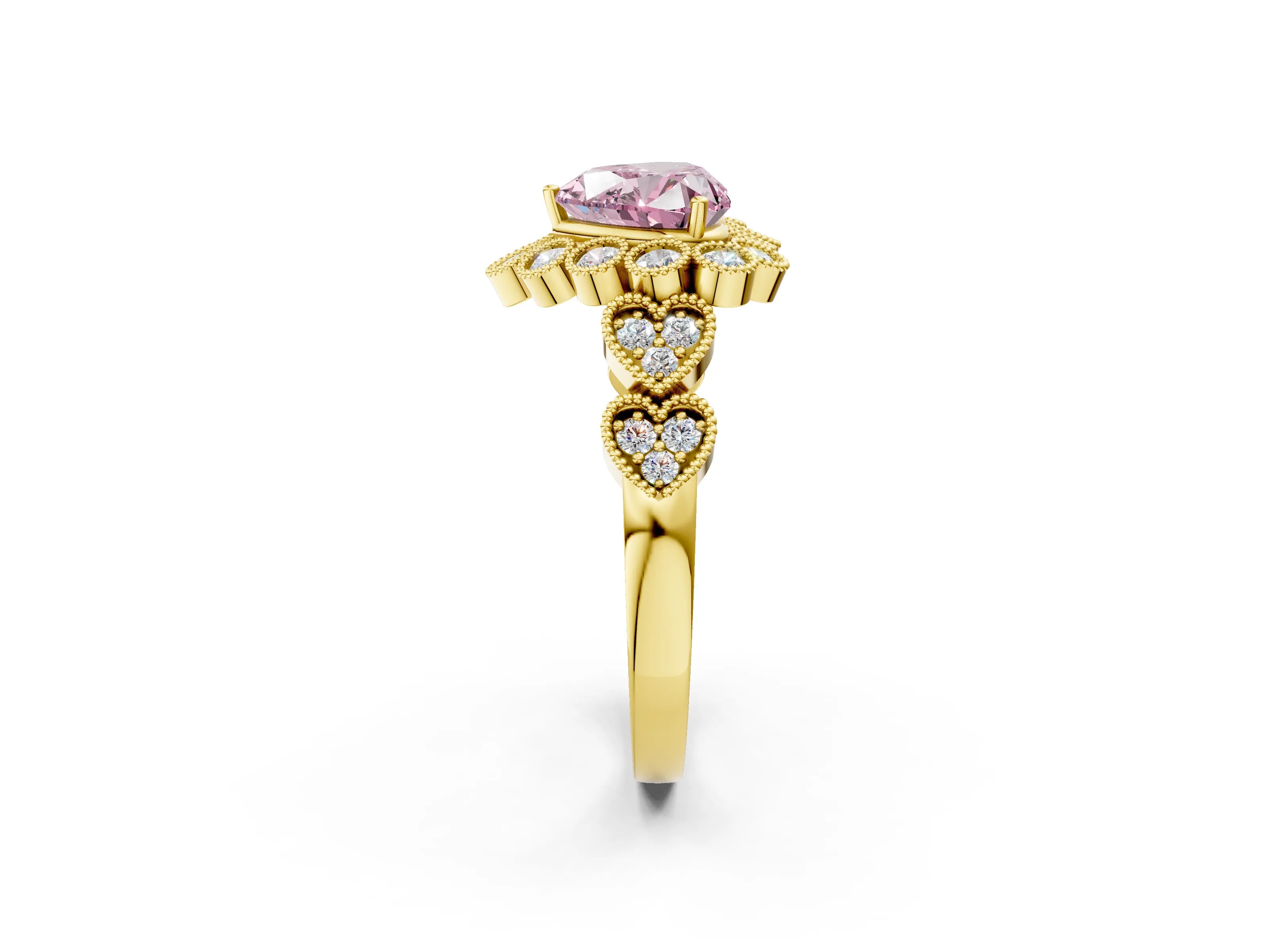 Yellow gold Fancy Pink Heart Cut Brilliant Milgrain Pave Heart Band Solitaire Ring_2