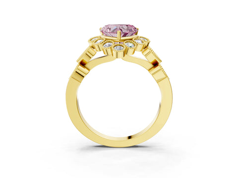 Yellow gold Fancy Pink Heart Cut Brilliant Milgrain Pave Heart Band Solitaire Ring_3