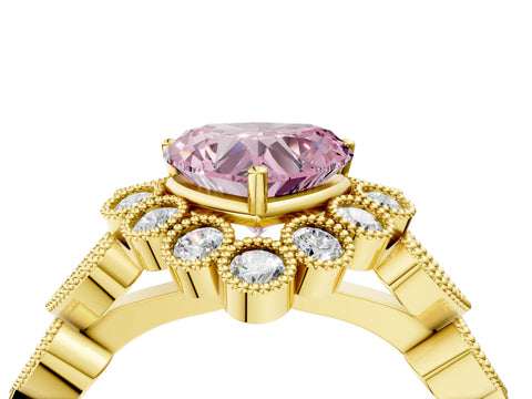 Yellow gold Fancy Pink Heart Cut Brilliant Milgrain Pave Heart Band Solitaire Ring_4