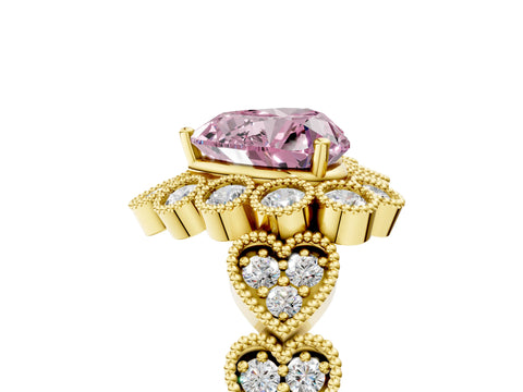Yellow gold Fancy Pink Heart Cut Brilliant Milgrain Pave Heart Band Solitaire Ring_5