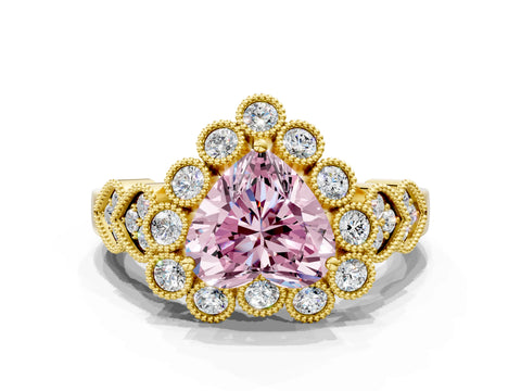 Yellow gold Fancy Pink Heart Cut Brilliant Milgrain Pave Heart Band Solitaire Ring