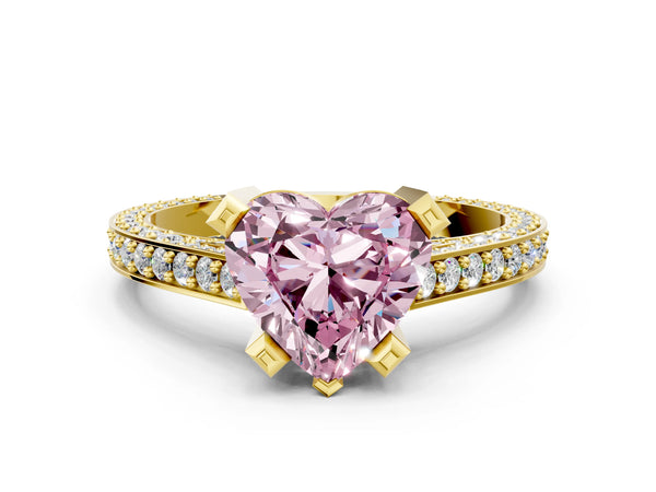 Yellow gold Fancy Pink Heart Cut Brilliant Split Shank Pave Solitaire Ring with Four-Prong Setting