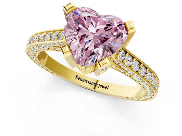 Yellow gold Fancy Pink Heart Cut Brilliant Split Shank Pave Solitaire Ring with Four-Prong Setting