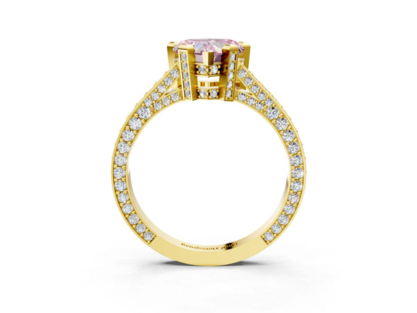 Yellow gold Fancy Pink Heart Cut Brilliant Split Shank Pave Solitaire Ring with Four-Prong Setting