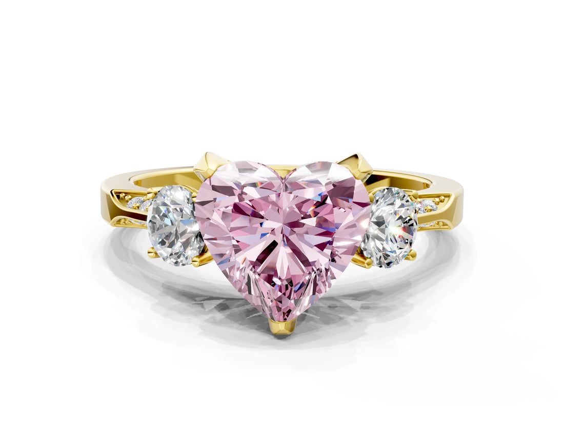 Yellow gold Fancy Pink Heart Cut Brilliant Three-Stone Diamond Ring with Pavé Band and Four-Prong Setting_3