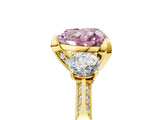 Yellow gold Fancy Pink Heart Cut Brilliant Three-Stone Diamond Ring with Pavé Band and Four-Prong Setting_8