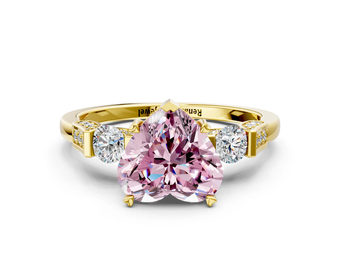 Yellow gold Fancy Pink Heart Cut Brilliant Three-Stone Pave Band with Four-Prong Setting