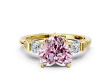 Yellow gold Fancy Pink Heart Cut Brilliant Three-Stone Pave Band with Four-Prong Setting
