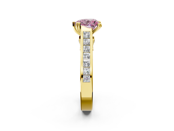 Yellow Gold Heart-Shaped Channel Set Solitaire Engagement Ring Setting for Fancy Pink Center with Double Claw Prongs