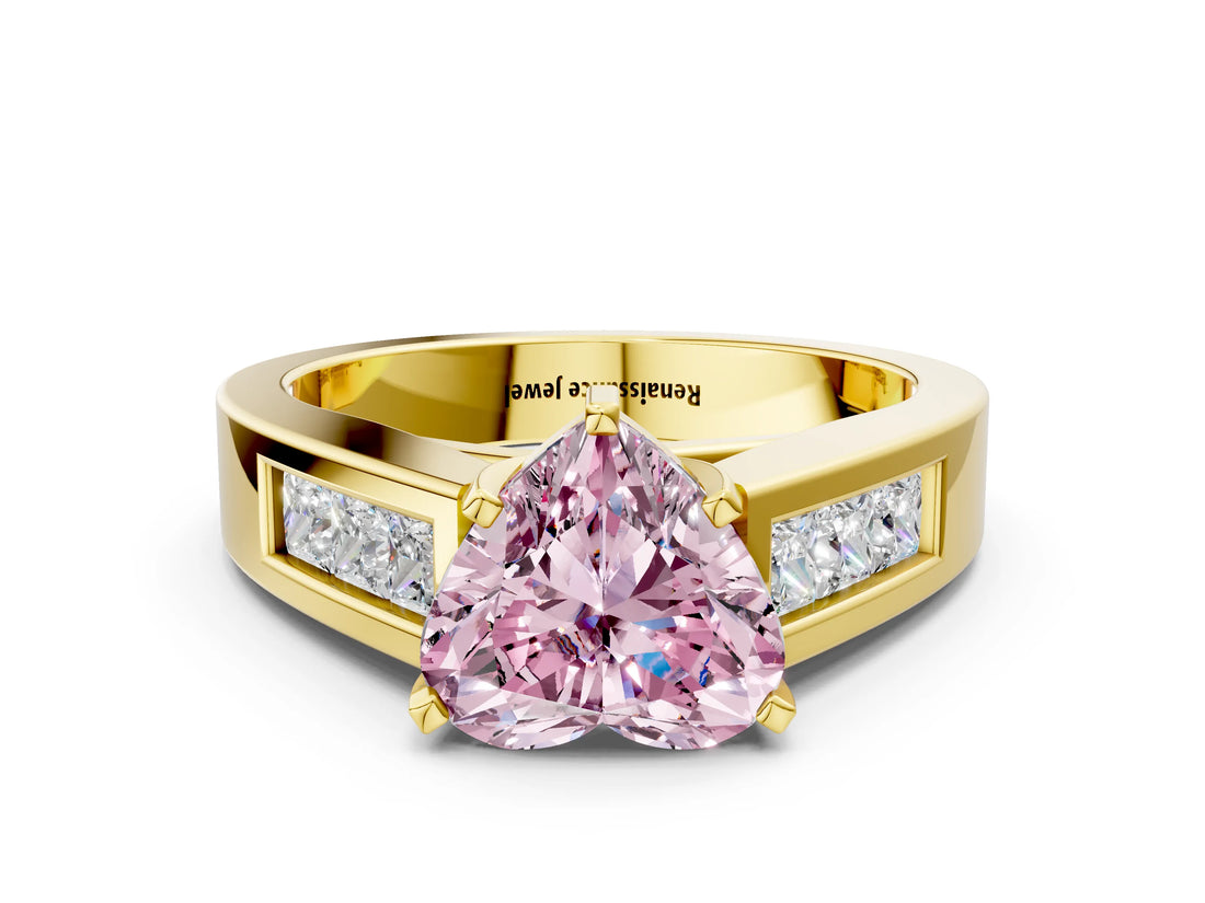 Yellow gold Fancy Pink Heart Cut Cut Channel Set Solitaire Ring with Four-Prong Setting