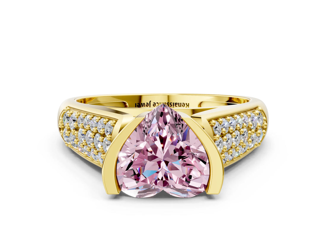 Yellow gold Fancy Pink Heart Cut Cut Diamond Channel Set Pave Band with Tension Prong Setting