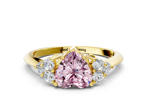 Yellow gold Fancy Pink Heart Cut Cut Diamond Cluster Ring with Solitaire Band and Four-Prong Setting