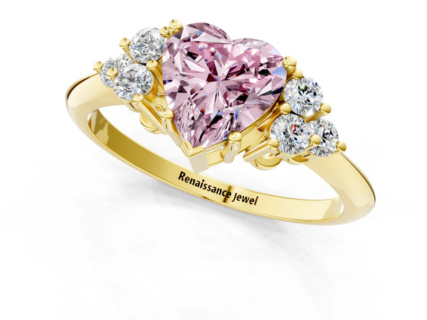 Yellow gold Fancy Pink Heart Cut Cut Diamond Cluster Ring with Solitaire Band and Four-Prong Setting