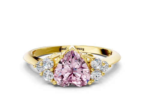 Yellow gold Fancy Pink Heart Cut Cut Diamond Cluster Ring with Solitaire Band and Four-Prong Setting
