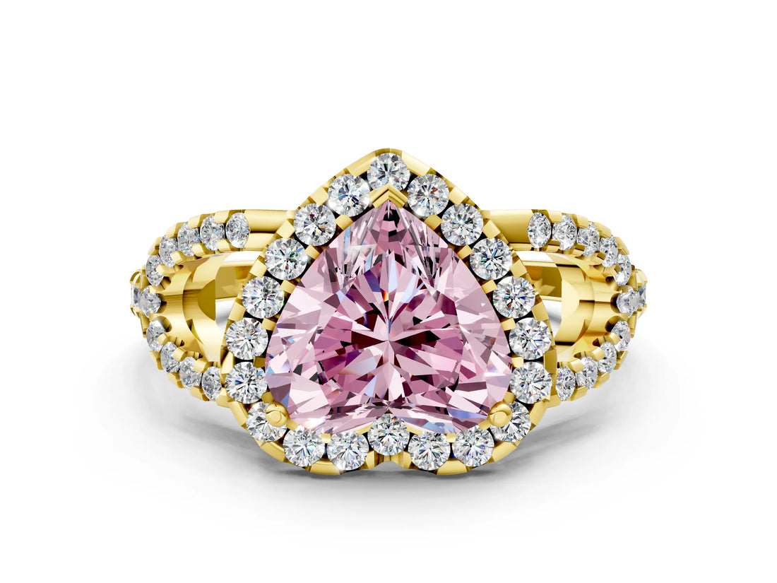 Yellow gold Fancy Pink Heart Cut Cut Diamond Halo Engagement Ring with Open Split Pavé Band