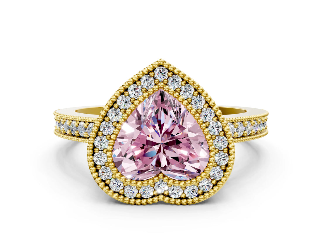 Yellow gold Fancy Pink Heart Cut-Cut Diamond Halo Engagement Ring with Pave Band and Prong Setting