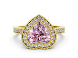 Yellow gold Fancy Pink Heart Cut-Cut Diamond Halo Engagement Ring with Pave Band and Prong Setting