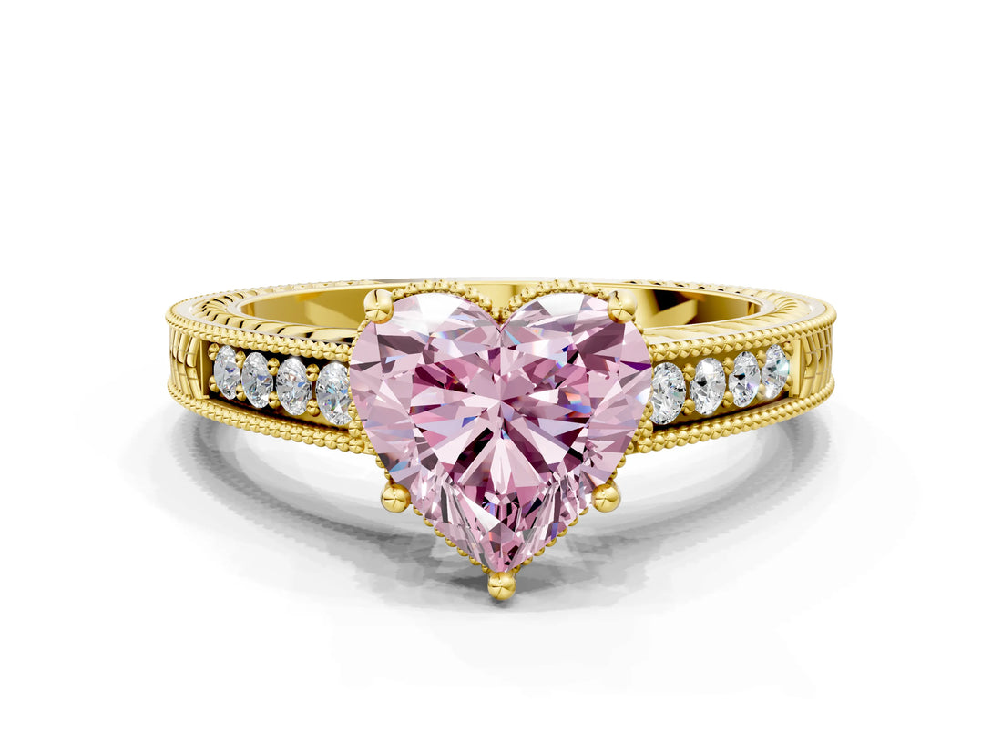 Yellow gold Fancy Pink Heart Cut Cut Diamond Milgrain Pave Band Four-Prong Setting Ring_3