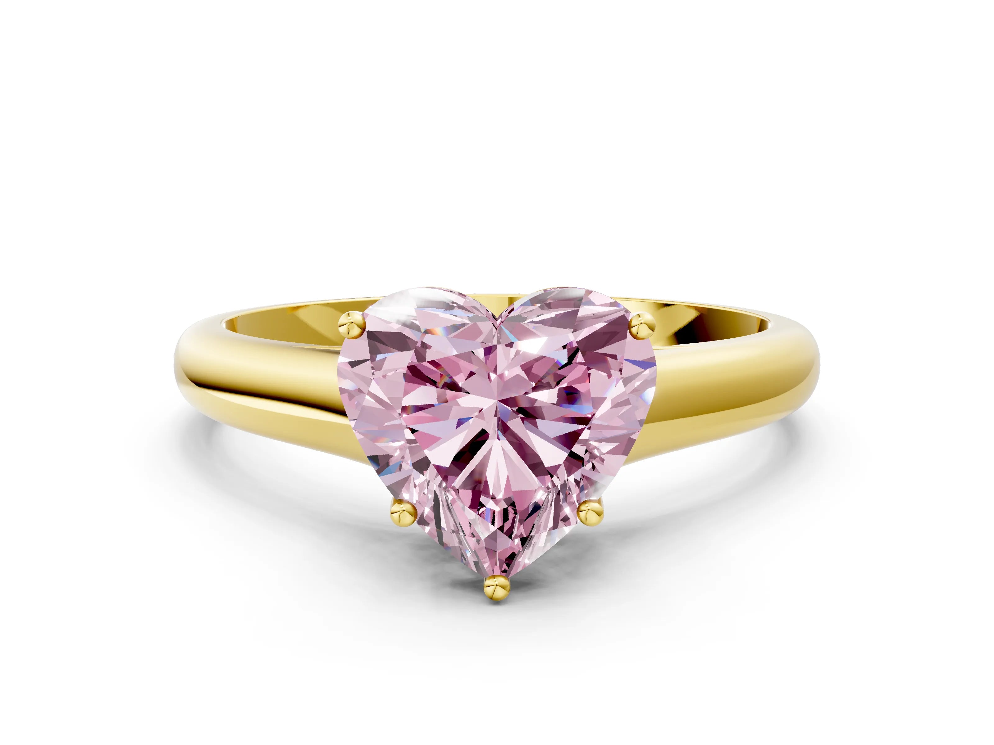 Yellow gold Fancy Pink Heart Cut Cut Diamond Solitaire Engagement Ring with Tapered Plain Band and Four-Prong Setting