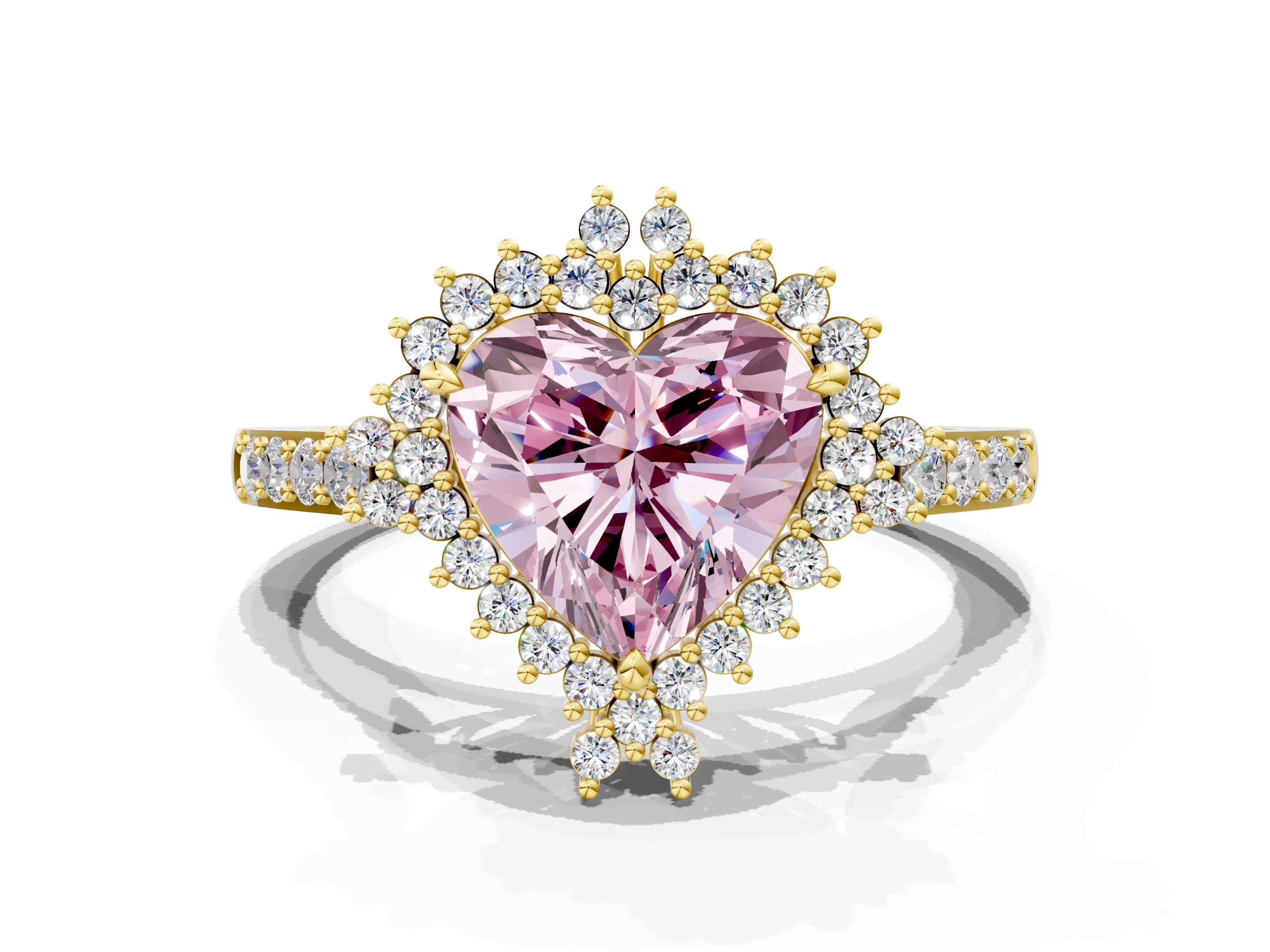 Yellow gold Fancy Pink Heart Cut Cut Diamond Sunburst Halo Engagement Ring with Pavé Band