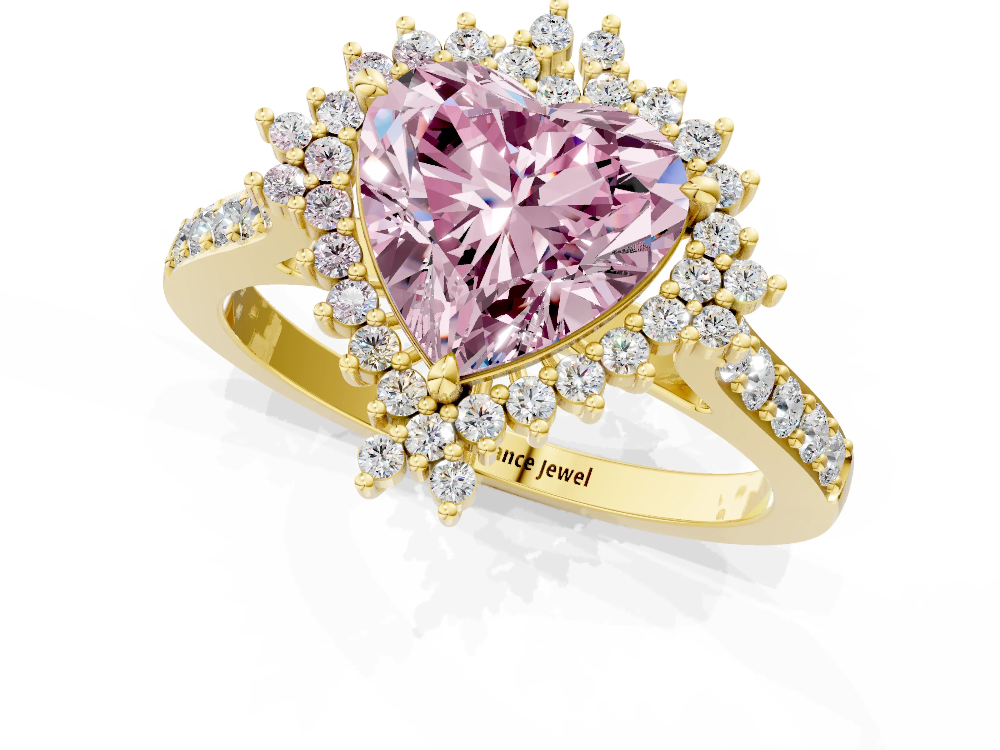 Yellow gold Fancy Pink Heart Cut Cut Diamond Sunburst Halo Engagement Ring with Pavé Band_1